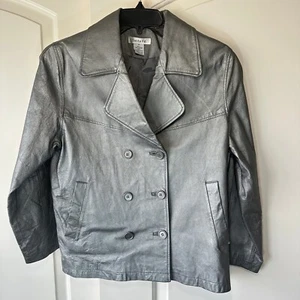 Santa Fe Lederjacke Blazer Damen Größe 8 Silber Metallic Retro Vintage - Bild 1 von 4