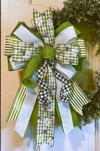 10 "BEES & LIME DAISY CHECK FLORAL BOW WIRED for WREATH LANTERN # 222 - Picture 1 of 4