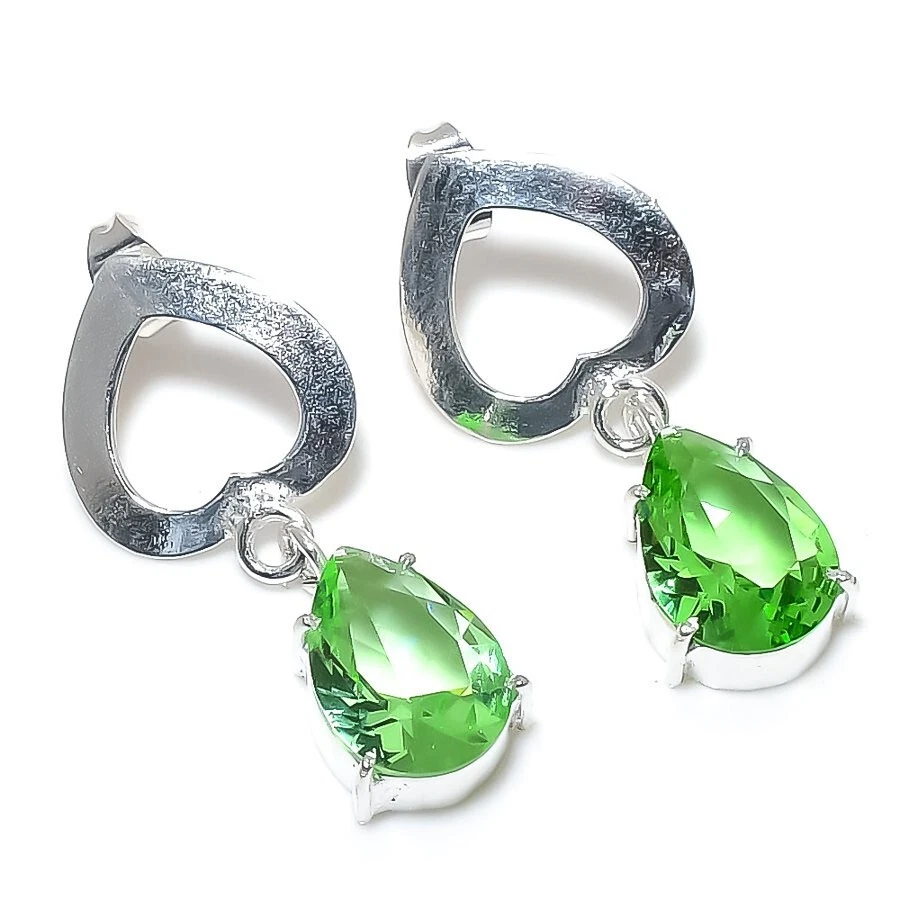 Green Tsavorite Gemstone Handmade 925 Sterling Silver Jewelry Earring Size 1.9'' - Image 1 of 1