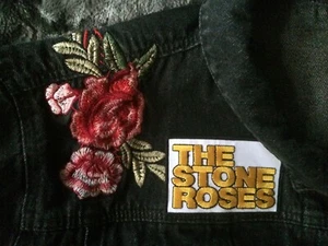 Stone Roses Embroidered Patch Vintage Faded Black Denim Jacket I Wanna Be Adored - Picture 1 of 12