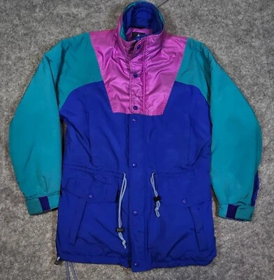 Vintage Powderhorn 90's Retro Men's M Winter Jacket Teal Purple Pink Puffy Coat - Image 1 of 4