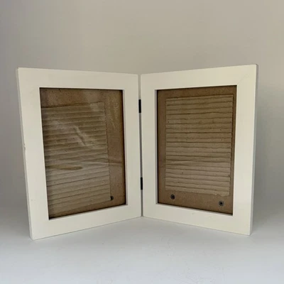 Picture Frame Double Hinged White Border Wood Glass Minimalist Desk Display 5x7 - Image 1 of 4