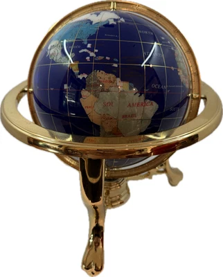Precioso globo terráqueo giratorio coleccionable decorativo de piedras preciosas de oro azul Foto 1 de 4