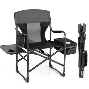 Folding Camping Directors Chair Portable w/ Cooler Bag & Side Table Black - Picture 1 of 8