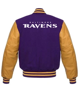 Chaqueta Universitaria NFL Baltimore Ravens Cuerpo Púrpura Mangas Cuero Dorado Talla L - Imagen 1 de 5