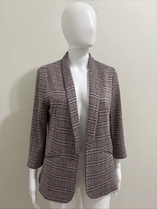 Skies Are Blue Burgundy White Black Plaid 3/4 Sleeve Pocket Knit Jacket Sz M - Picture 1 of 9