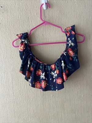 Roxy Junior Womens Swim Bikini Top small navy blue floral ruffle flounce - Image 1 of 4
