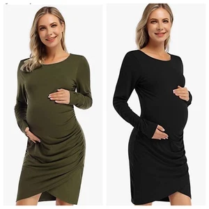 2 Maternity Dresses SO COMFY Ruched Round Neck Bodycon SMALL Olive Green/ Black - Picture 1 of 7