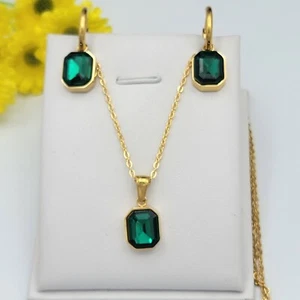 Stainless Steel 24K Gold Plated Elegant Green Crystal Necklace & Earrings Set - Picture 1 of 4
