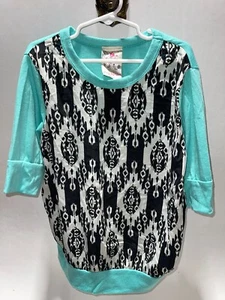 Jenna & Jessie Girl's Size 12 Turquoise Black White 3/4 Sleeve - Picture 1 of 4