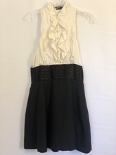 BCBGMAXAZRIA Womens Dress Size 6 Black Ivory Cream Front Buttons Ruffle Collar