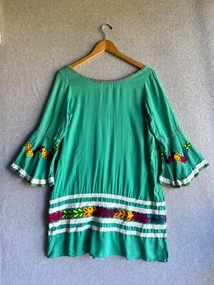 Vestido Judith March Shift para mujer M verde azulado manga campana bordado espalda cruzada boho Foto 1 de 4