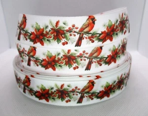 Red Cardinal on Branch Red Flower 1" Grosgrain Ribbon~ YOUR CHOICE 5 or 10 Yards - Picture 1 of 3