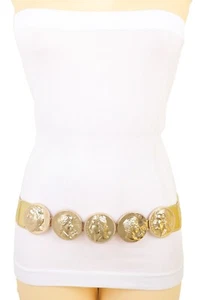 Women Gold Elastic Colorful Fashion Belt Metal Greek Coin Medallion Charms S M - Picture 1 of 12
