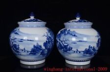 Qing Dynasty Blue&white porcelain exquisite landscape grain tank pot statue pair