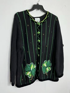 Quacker Factory Black Shamrock St. Patrick's Day Knit Cardigan VTG Sweater 2X - Picture 1 of 11