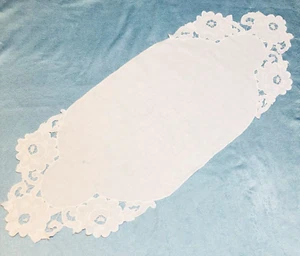 Vintage Embroidered Table Runner Dresser Scarf White Floral Cutout 15x48" - Picture 1 of 10