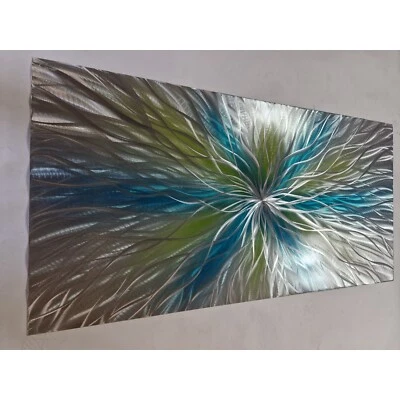 Modern abstract metal wall art. Super Nova. Green, teal and silver  - Image 1 of 3