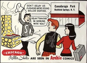 Cómics de Archie de la década de 1940 etiqueta de patinaje sobre ruedas Canadarago Park Richfield Springs de Nueva York - Imagen 1 de 2