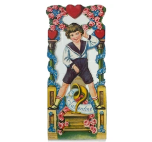 Valentinstag viktorianisch gestanzte Grußkarte Grammophon Junge Matrose Aufstehen - Bild 1 von 2