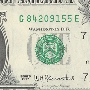 1977 Chicago One Dollar Bill G84209155E C1400 Back Plate 2645 Crisp UNC - Afbeelding 1 van 11