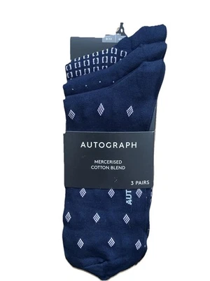 M AND S AUTOGRAPH Mens Socks 9-12 M&S Autograph Marks Blue Mercerised Cotton Blend Patent 3Pk