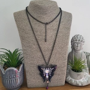 Long Grey Chain Necklace Purple Enamel Butterfly Pendant Rhinestones Jewellery - Picture 1 of 4