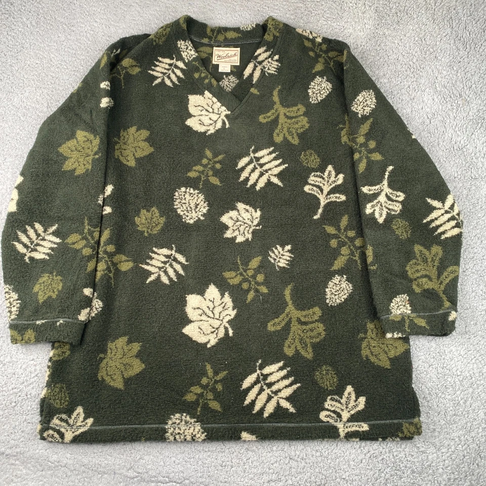 Vintage Woolrich Sweater Womens Large Green Floral Fleece V-Neck USA Made - Image 1 of 4