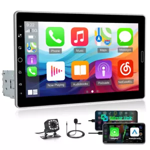 10.1" Single 1Din Rotatable Carplay Car Stereo BT Touchscreen MP5 Radio Mic Cam - Picture 1 of 22