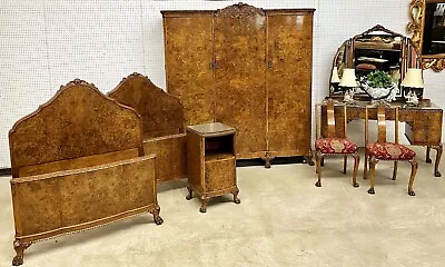 Antique Country French Claw Feet Burl Walnut 7 Piece Bedroom Set Twin Beds C1920 - Image 1 of 4