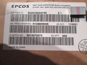 Kondensator 470nF,0,47µF,250VDC,160VAC,10% RM15,Epcos B32572A3474K 25 St=4,98 € - Picture 1 of 1