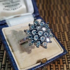 925 Sterling Silver Ring, Genuine Blue Diamonds Ring, Size S US 9, Floral - Picture 1 of 8