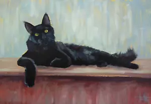 Original Ölgemälde Schwarze Maine Coon Katze Impressionismus handgemalt 30x42 cm - Bild 1 von 8