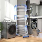 Foldable Clothes Drying Rack with 2 Side Wings and 4 Castors Blue