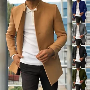 Mens Winter Casual Single Breasted Woolen Lined Mid Length Trench Coat Jackets - Bild 1 von 17