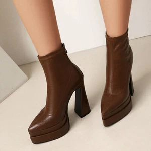 Punk Damen Stiefeletten Stiefel Blockabsatz Plateau Reißverschluss Pumps Schuhe - Bild 1 von 23