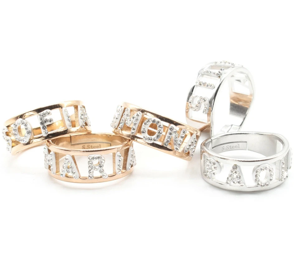 anello con nome regalo donna scritta strass fascione fascetta veretta in acciaio - Immagine 1 di 4