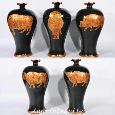 Juego de 5 jarrones botella buey bestia porcelana esmalte negro horno Song Dynasty Ru horno 10,6" Foto 1 de 4