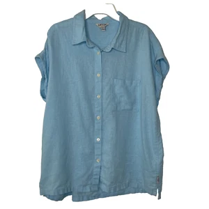 Camisa para mujer Orvis azul con botones talla M manga corta mezcla de lino cuello - Imagen 1 de 9