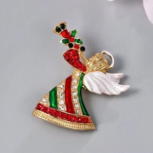 Angel Crystal Rhinestone & Enamel Christmas Brooch Pin with Gold Bag - Picture 1 of 4