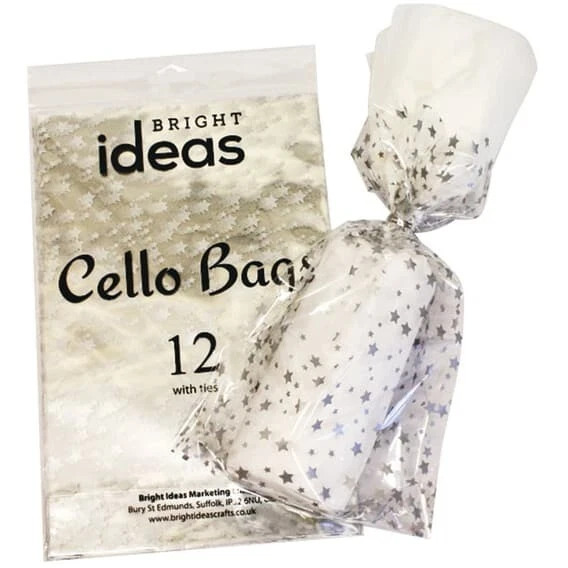 12 SILVER STAR / STARS Christmas Cellophane Cello Party Bags With Twist Ties