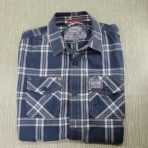 Superdry Shirt Mens L Large Blue Check Shirt Pocket 100% Cotton Short Sleeve - Picture 1 of 4