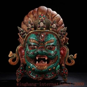 Tibet bronze gilt painted inlay turquoise Mahakala Wrathful Deity Buddha Mask - Picture 1 of 9