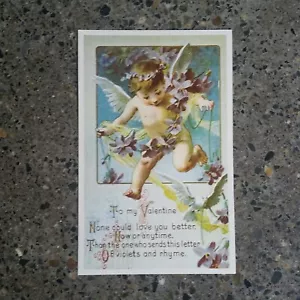 Vintage Valentine Postcard Cherub White Dove Bird Purple Violets Rhyme Poem - Picture 1 of 2