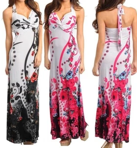 White/Pink Rose Scroll Print Long Bandeau/Halter Maxi Dress - Picture 1 of 1