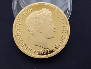 1.3 Oz 24K gold plated 44gr Spain Silver 925 spanish coin Alfonso XIII 1871 repr - Picture 1 of 5