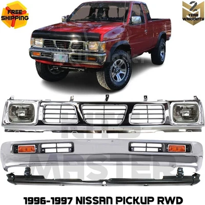 Front Bumper Grille Assembly Chrome & Head Lamps For 1996-1997 Nissan Pickup RWD - Image 1 of 4