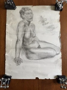 ORIGINAL Nude Woman Drawing Naked Realistic Girl Signed Artwork Charcoal 19”x25” - Picture 1 of 9