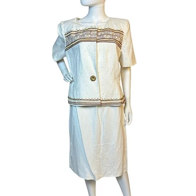 Vintage 80s Linen Skirt Suit Set Geometric Top Neiman Marcus Magali - Image 1 of 4