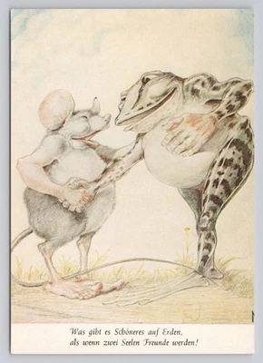 Frog and Mouse Shaking Hands Friendship by Von Lampe 4x6 German Fantasy Postcard - Image 1 of 2
